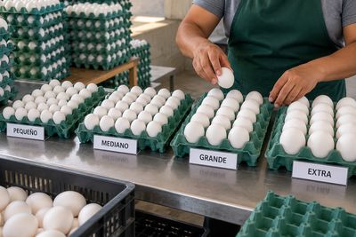 Operario clasificando huevos por tamaño: pequeño, mediano, grande y extra
