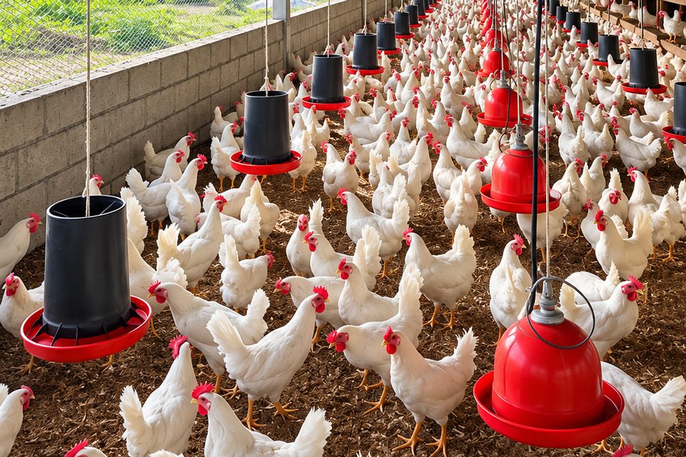 Galera de postura con gallinas blancas, comederos y bebederos colgantes